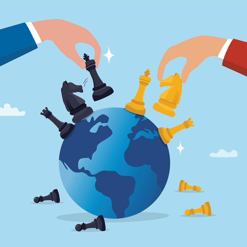 Two hands playing chess on top of a globe